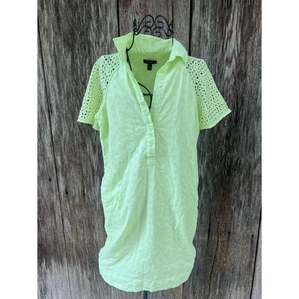 J.CREW Dress Size 0 LIGHT NEON GREEN EYELET SHORT SLEEVE MINI SHIRT‎ DRESS